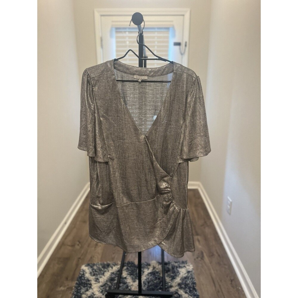 Skies Are Blue Metallic Silver Blouse- 3X - Picture 2 of 16